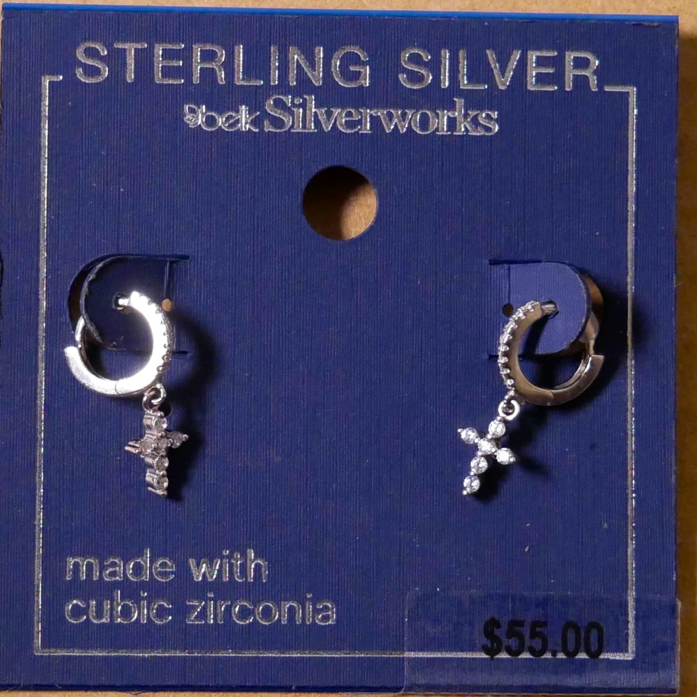 STERLING SILVER SMALL HOOP EARRINGS WITH CROSS. CUBIC ZIRCONIA STONE